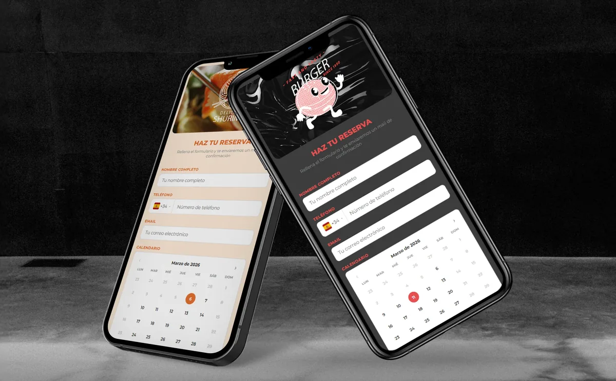 Dos móviles con la web de reservas de un restaurante: la cabecera con su logotipo y el formulario Haz tu reserva, con nombre, teléfono, correo y un calendario del mes.